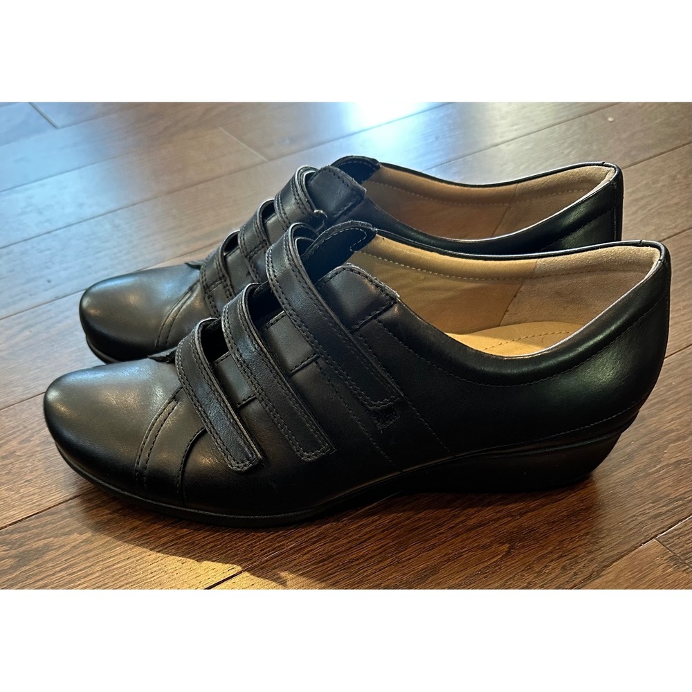 Ecco Womens Black Leather Triple Strap Hook Loop Wedge Comfort Shoes Size 40